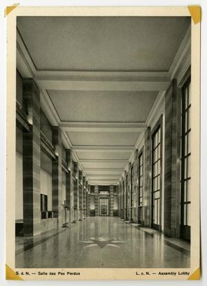 Primary view of object titled '[Postcard of Salle des Pas Perdus in Palace of Nations]'.