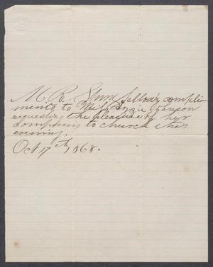 Primary view of object titled '[Invitation from M.R. Stringfellow to Lizzie Johnson, dated October 17, 1868]'.