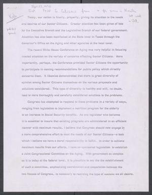 Primary view of object titled '[John Tower Speech on Legislation Concerning Senior Citizens given to the Senior Citizens Forum in Fort Worth, Texas?, September 23, 1972?]'.