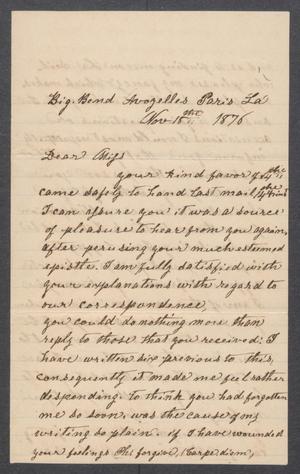 Primary view of object titled '[Letter from T.W. Thomas to Lizzie Johnson, dated November 15, 1876]'.
