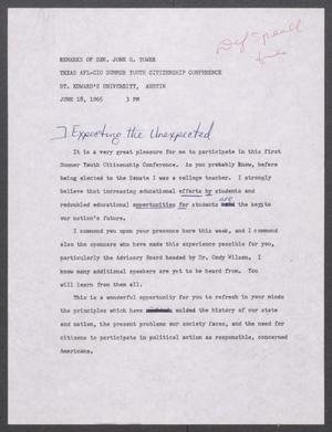 Primary view of object titled '[John Tower Edited Speech on Soviet Military Technology given to the Texas AFL-CIO Summer Youth Citizenship Conference at St. Edward's University in Austin, Texas, June 18, 1965]'.