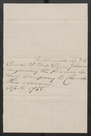 Primary view of object titled '[Invitation from W.R. Couran to Lizzie Johnson, dated April 5, 1868]'.