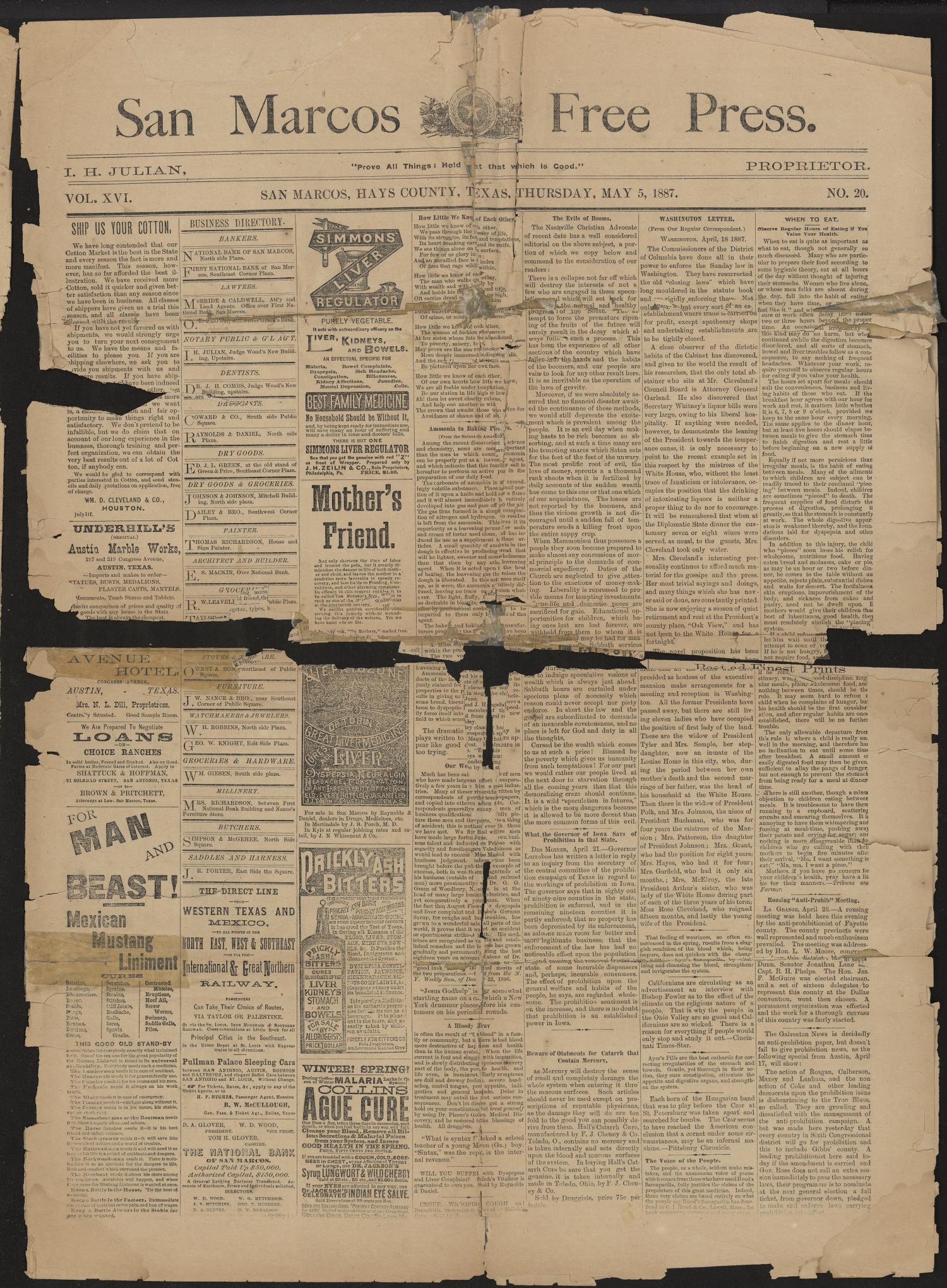 San Marcos Free Press. (San Marcos, Tex.), Vol. 16, No. 20, Ed. 1 Thursday, May 5, 1887
                                                
                                                    [Sequence #]: 1 of 4
                                                