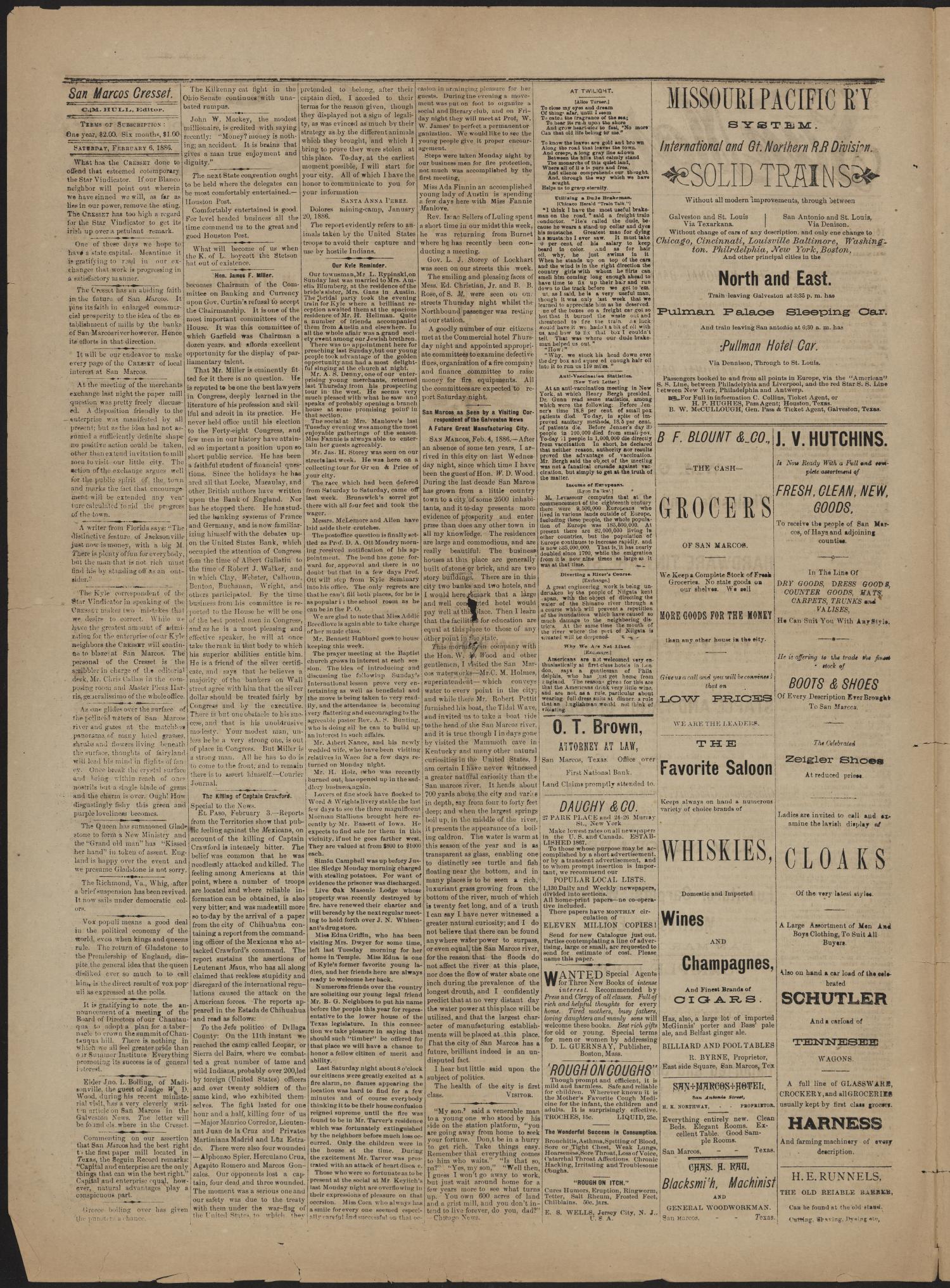 San Marcos Cresset. (San Marcos, Tex.), Vol. 1, No. 27, Ed. 1 Saturday, February 6, 1886
                                                
                                                    [Sequence #]: 2 of 4
                                                