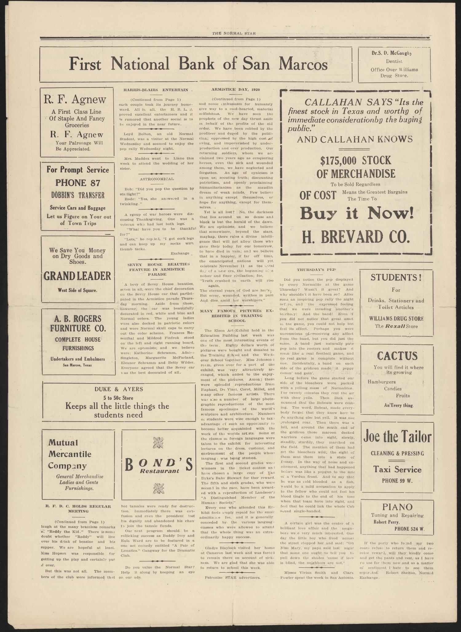 The Normal Star (San Marcos, Tex.), Vol. 9, No. 5, Ed. 1 Saturday, November 13, 1920
                                                
                                                    [Sequence #]: 4 of 4
                                                