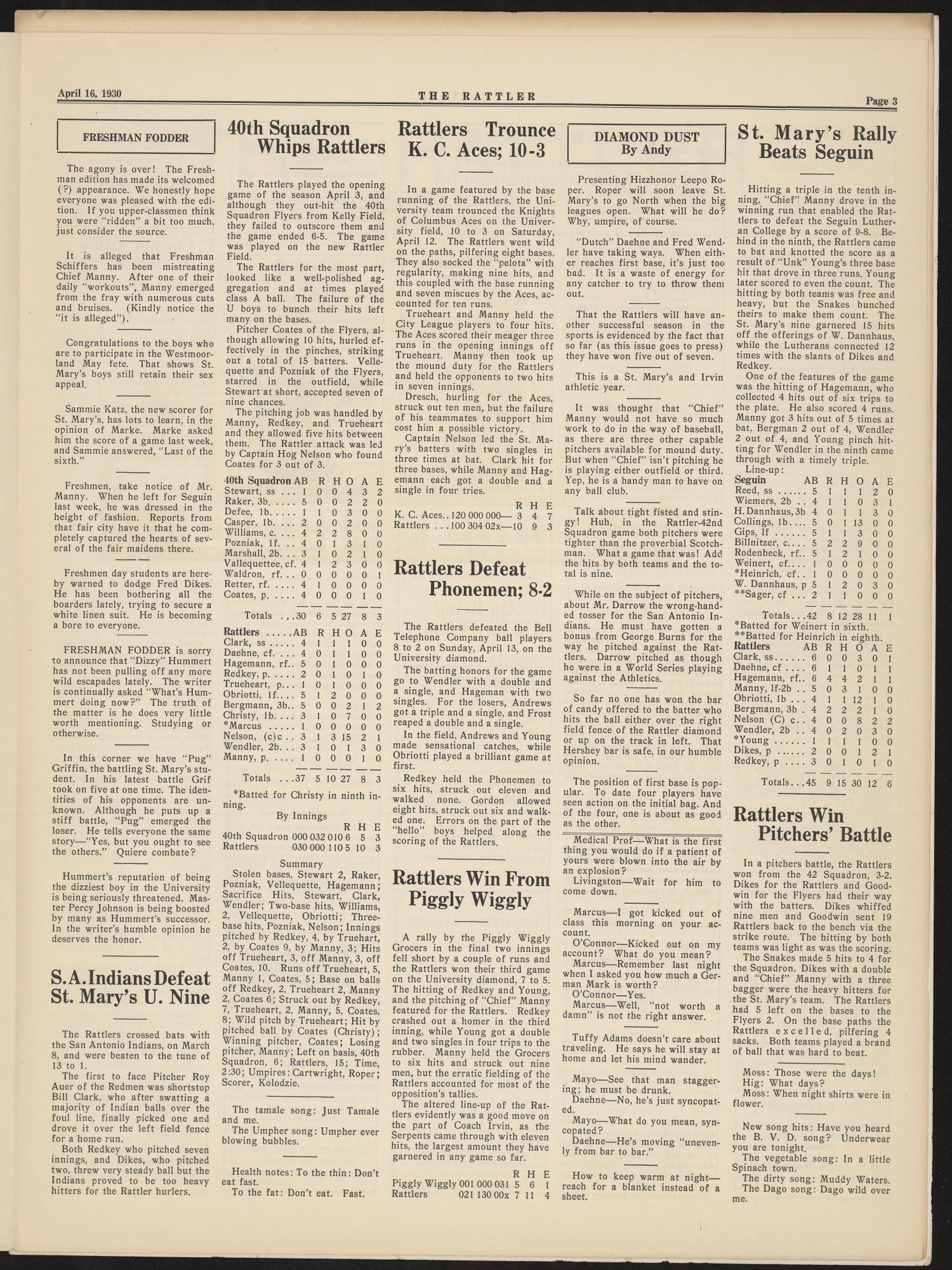 The Rattler (San Antonio, Tex.), Vol. 11, No. 14, Ed. 1 Wednesday, April 16, 1930
                                                
                                                    [Sequence #]: 3 of 4
                                                
