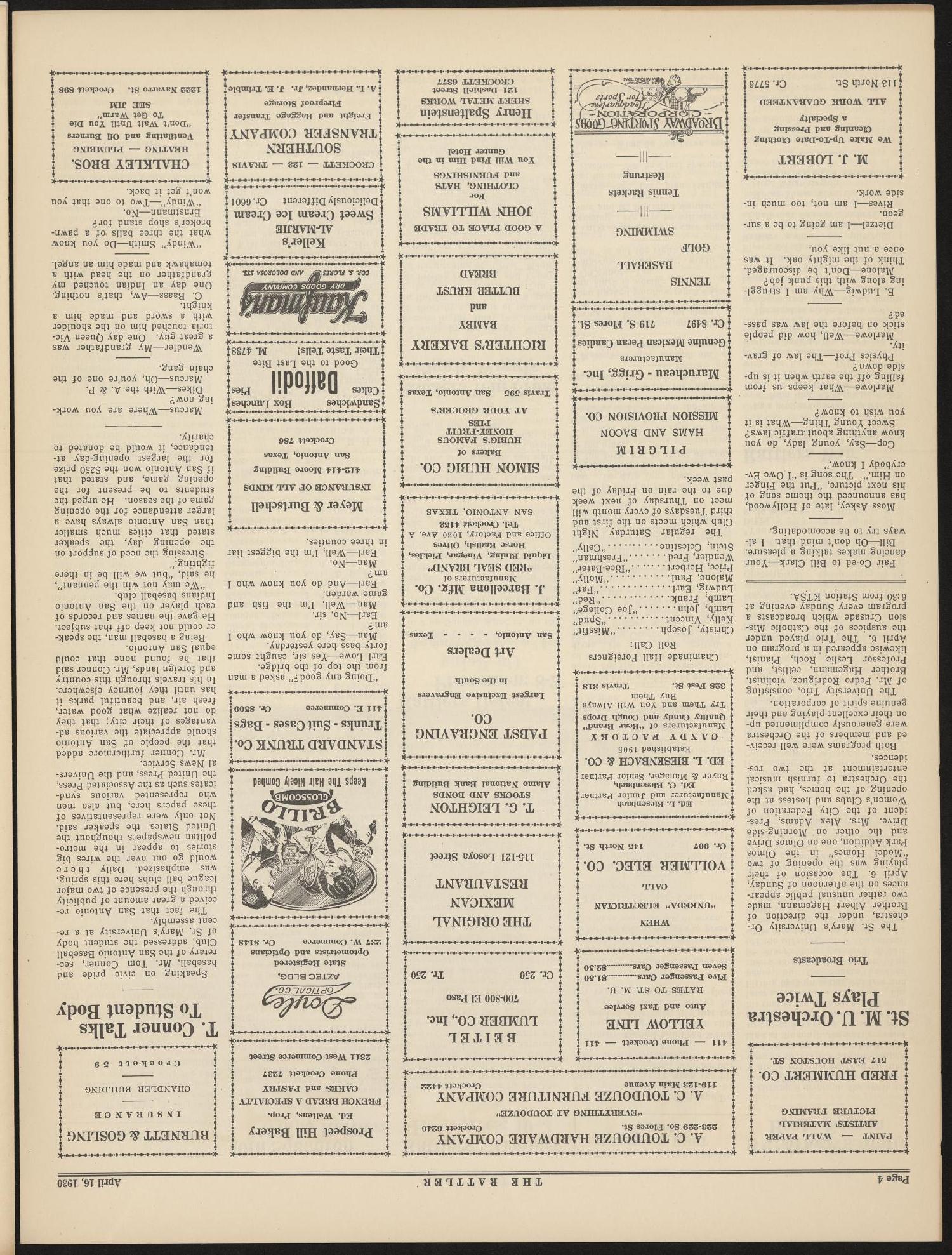 The Rattler (San Antonio, Tex.), Vol. 11, No. 14, Ed. 1 Wednesday, April 16, 1930
                                                
                                                    [Sequence #]: 4 of 4
                                                