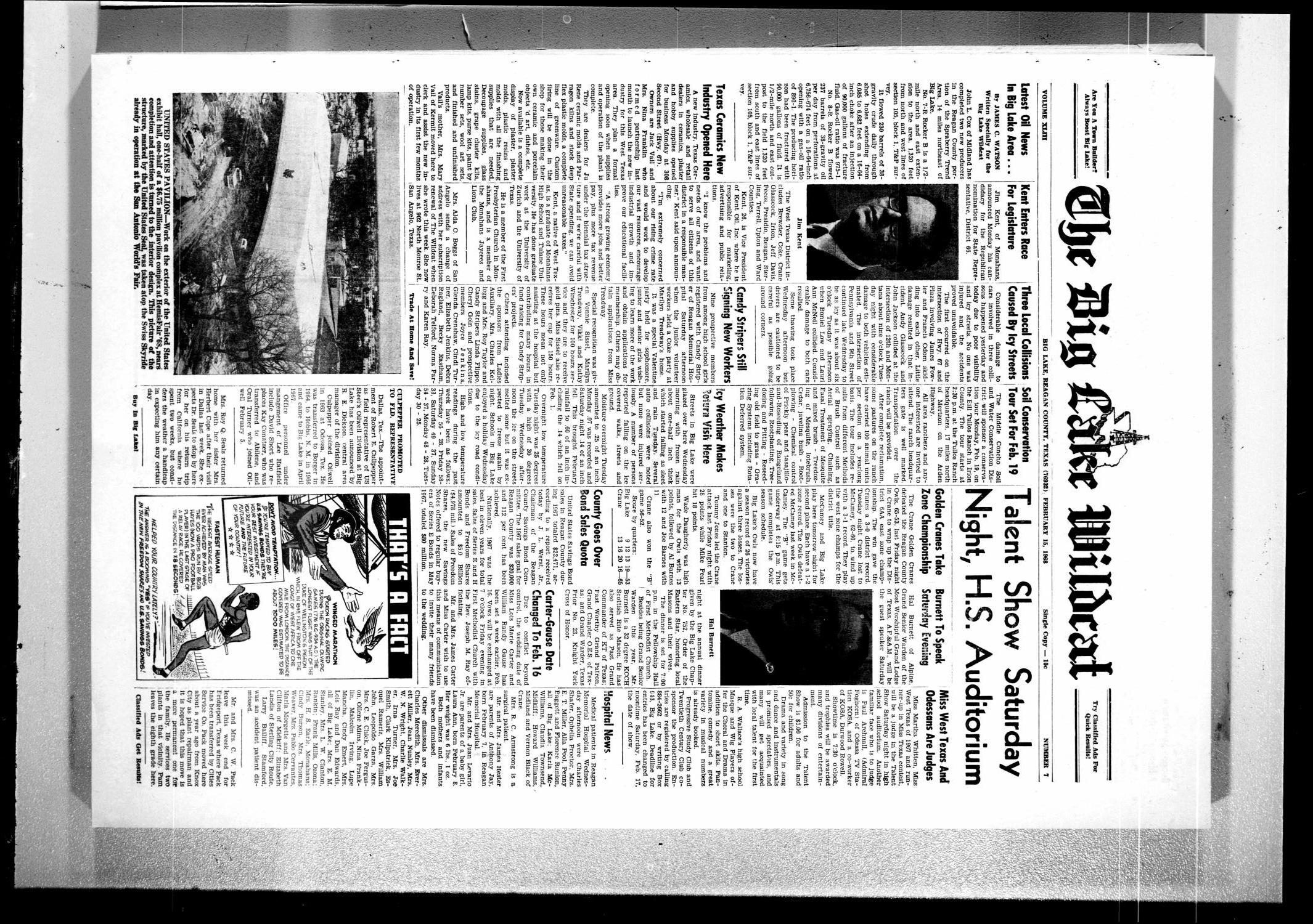 The Big Lake Wildcat (Big Lake, Tex.), Vol. 43, No. 7, Ed. 1 Thursday, February 15, 1968
                                                
                                                    [Sequence #]: 1 of 8
                                                