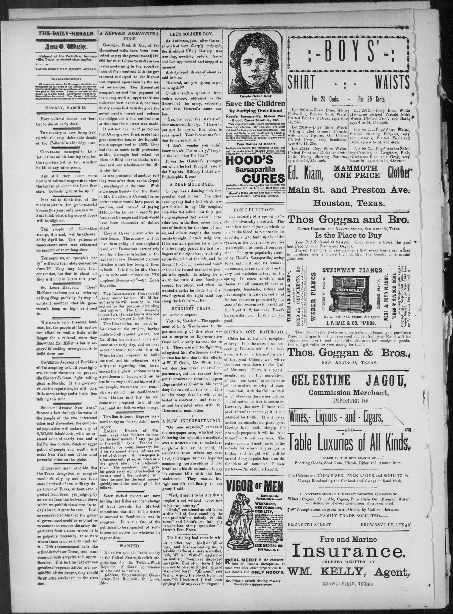 The Daily Herald (Brownsville, Tex.), Vol. 2, No. 226, Ed. 1, Tuesday, March 13, 1894
                                                
                                                    [Sequence #]: 2 of 4
                                                