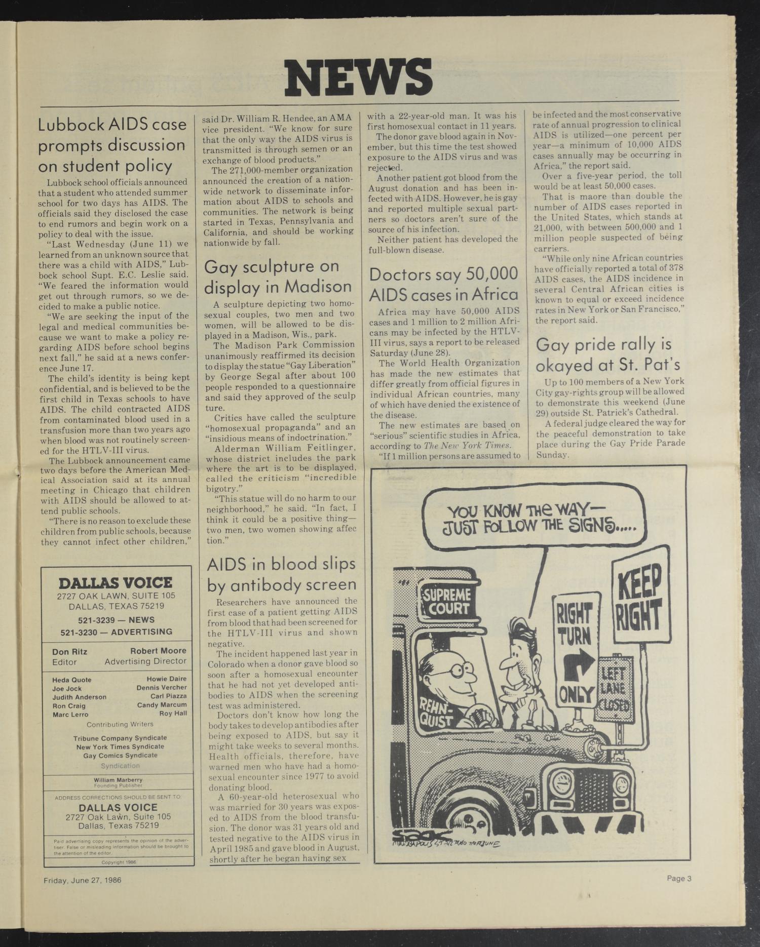 Dallas Voice (Dallas, Tex.), Vol. 3, No. 8, Ed. 1 Friday, June 27, 1986
                                                
                                                    [Sequence #]: 3 of 24
                                                