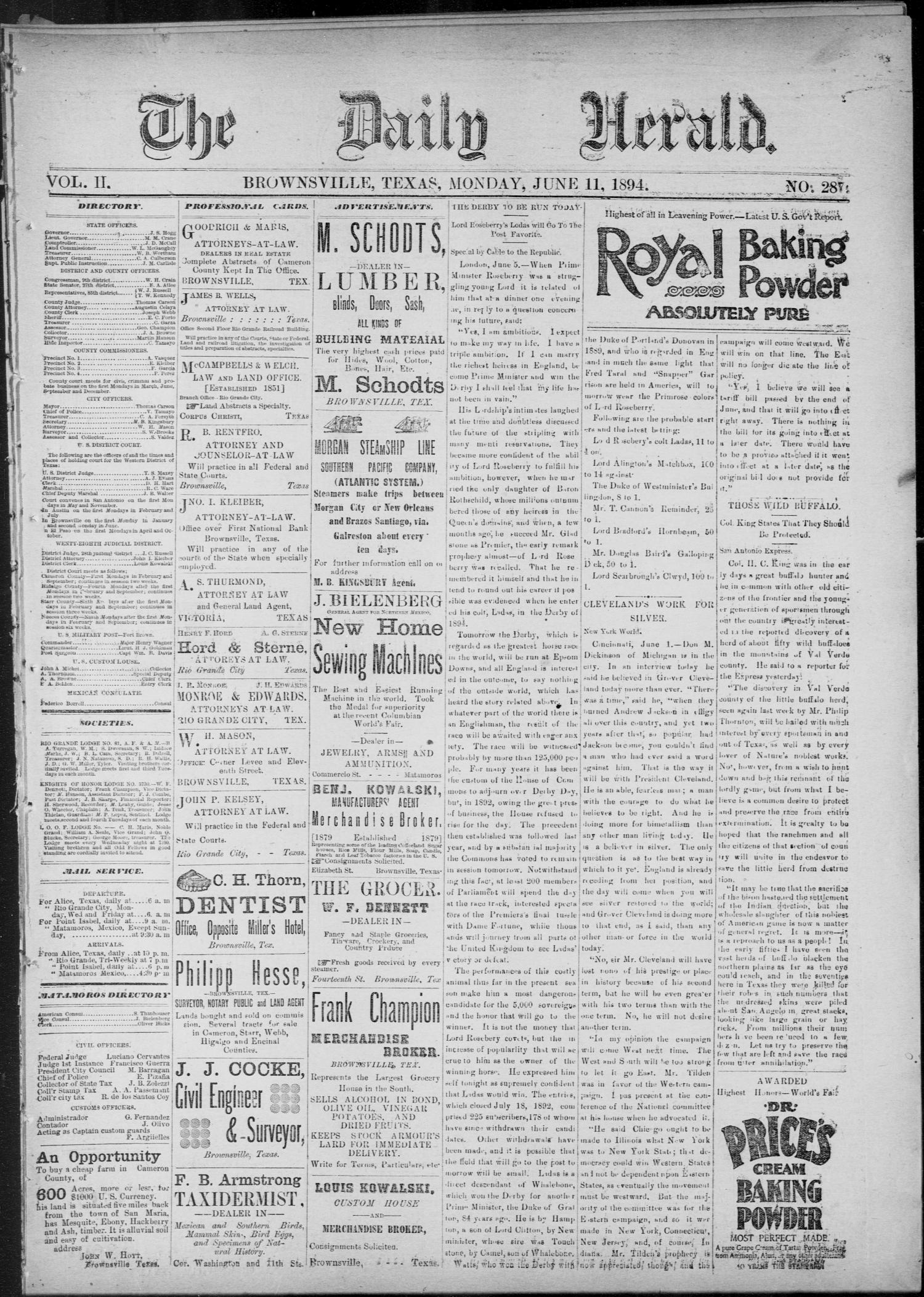 The Daily Herald (Brownsville, Tex.), Vol. 2, No. 287, Ed. 1, Monday, June  11, 1894 - The Portal to Texas History