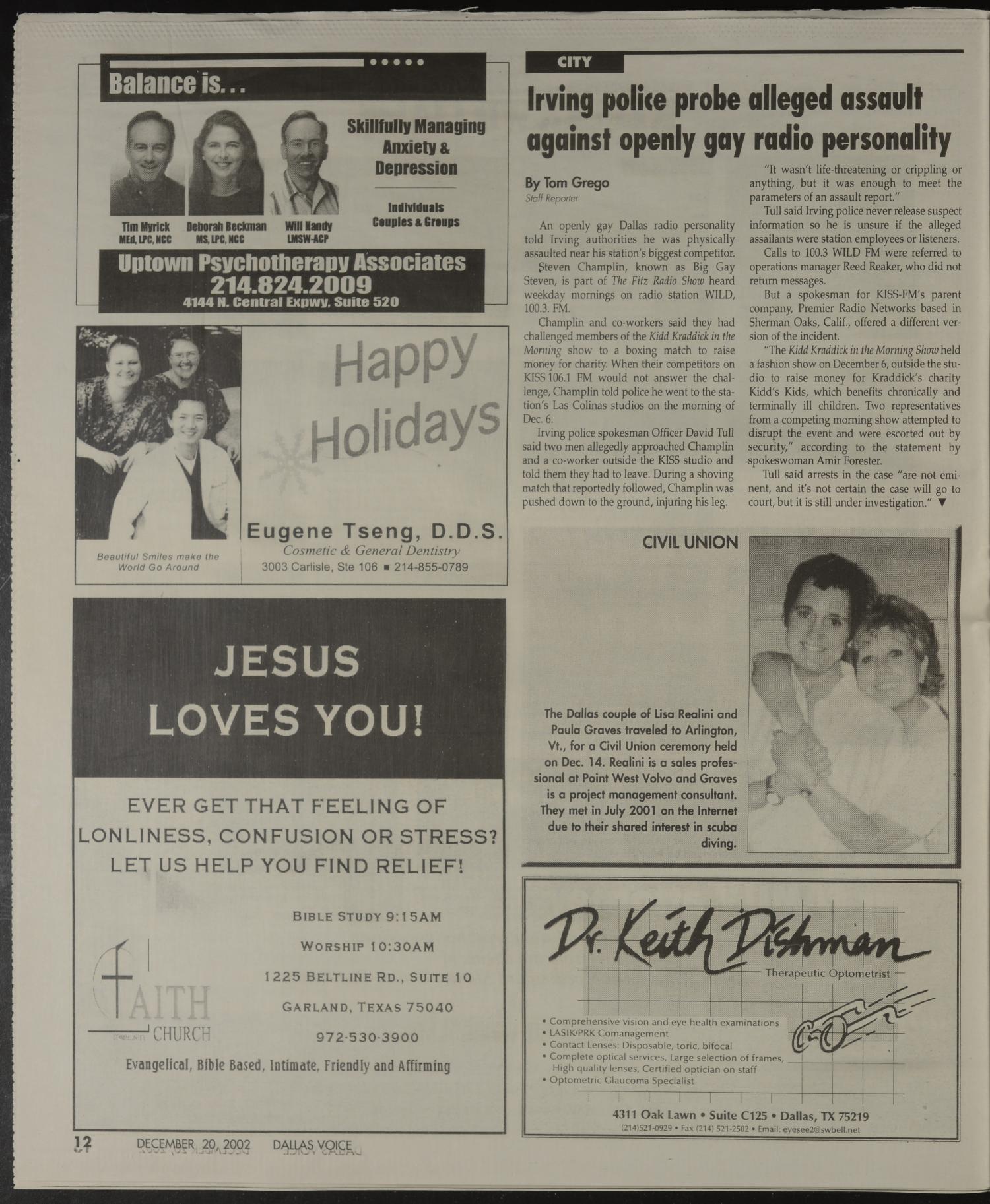 Dallas Voice (Dallas, Tex.), Vol. 19, No. 34, Ed. 1 Friday, December 20, 2002
                                                
                                                    [Sequence #]: 12 of 72
                                                