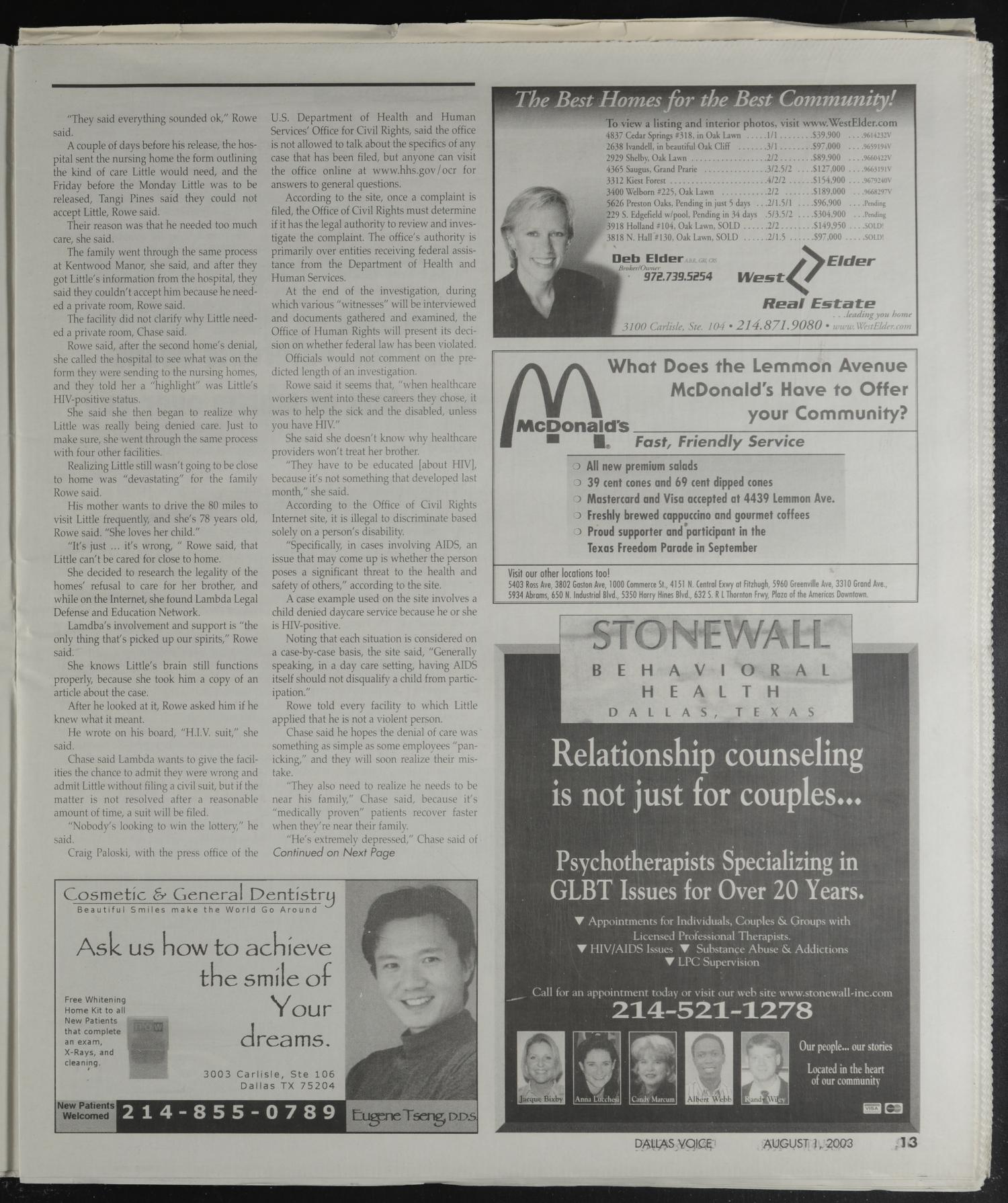 Dallas Voice (Dallas, Tex.), Vol. 20, No. 14, Ed. 1 Friday, August 1, 2003
                                                
                                                    [Sequence #]: 13 of 68
                                                