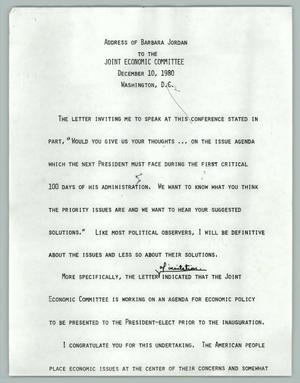 Primary view of object titled 'Address of Barbara Jordan to the Joint Economic Committee, December 10, 1980]'.