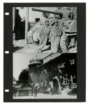 [Scrapbook Page: Photographs of Soldiers, Tank, and Building With Ivy]