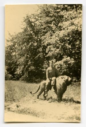 [Photograph of Henry Rohrbeck on Lion Statue]