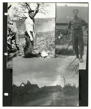 [Scrapbook Page: Photographs of Soldiers and Damaged Village]