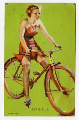 Primary view of object titled '[Postcard of Woman on Bicycle]'.