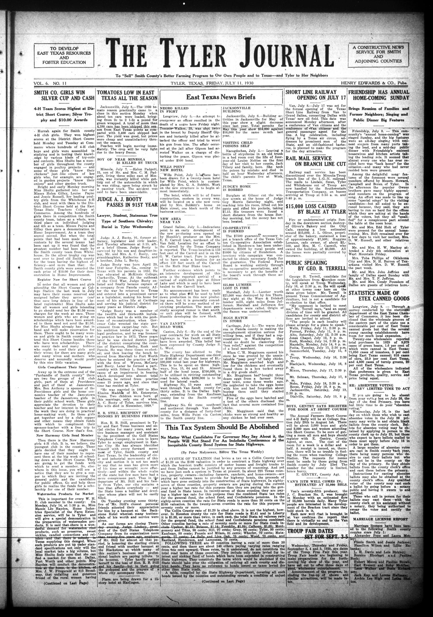 The Tyler Journal (Tyler, Tex.), Vol. 6, No. 11, Ed. 1 Friday, July 11, 1930
                                                
                                                    [Sequence #]: 1 of 8
                                                