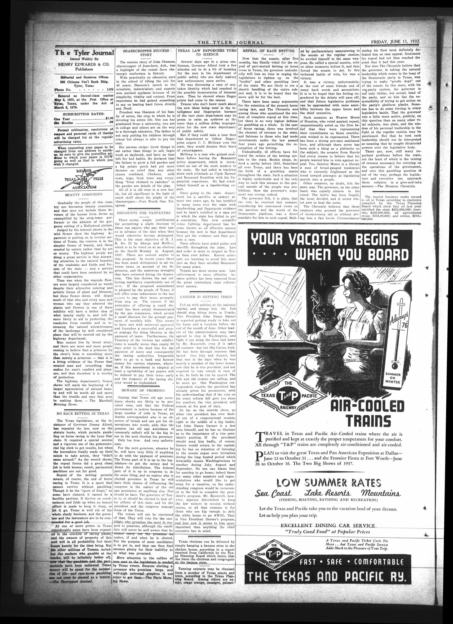 The Tyler Journal (Tyler, Tex.), Vol. 13, No. 7, Ed. 1 Friday, June 11, 1937
                                                
                                                    [Sequence #]: 2 of 8
                                                