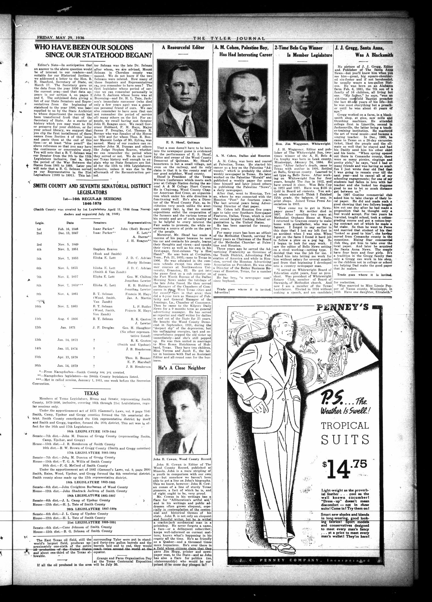 The Tyler Journal (Tyler, Tex.), Vol. 12, No. 5, Ed. 1 Friday, May 29, 1936
                                                
                                                    [Sequence #]: 67 of 72
                                                