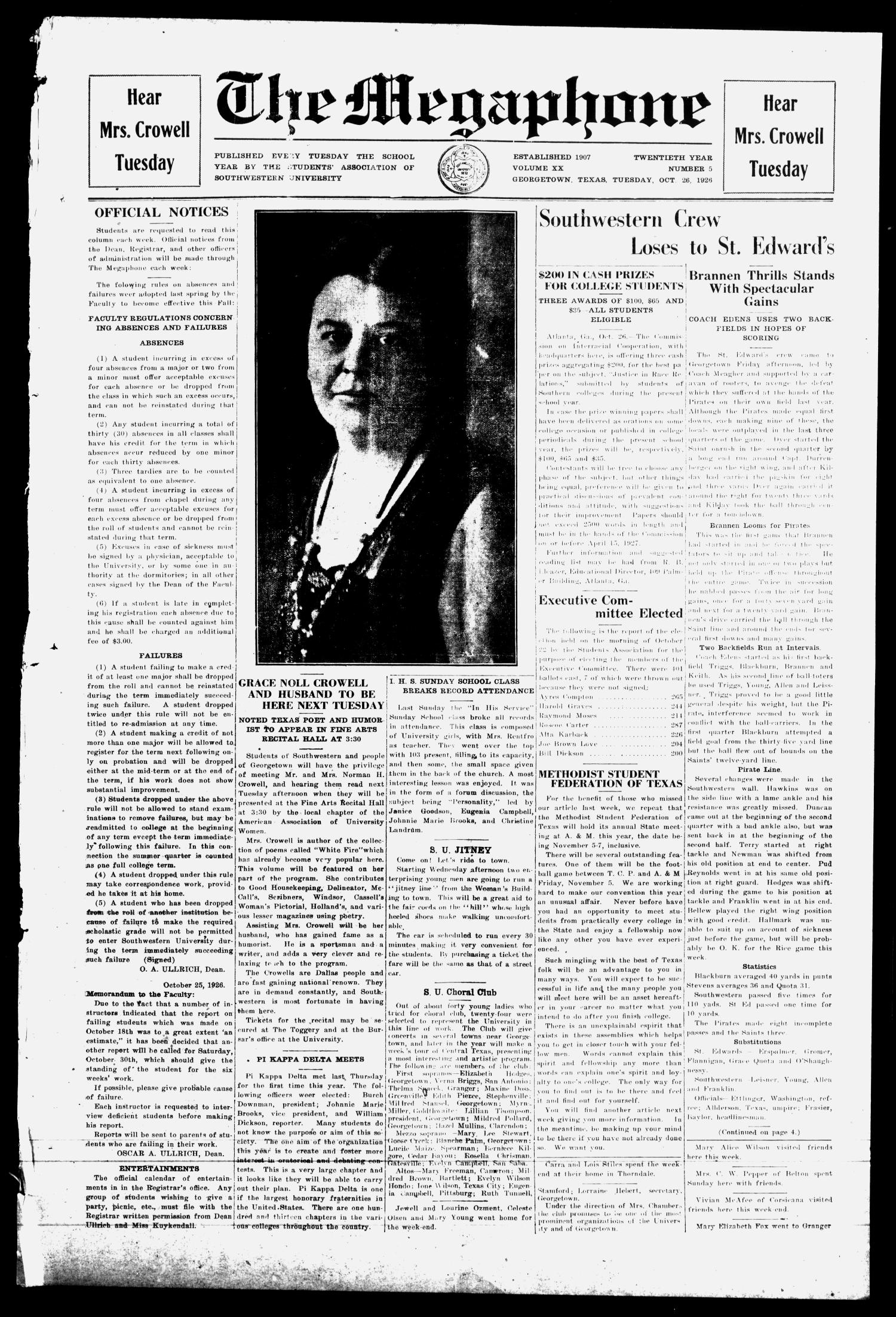 The Megaphone (Georgetown, Tex.), Vol. 20, No. 5, Ed. 1 Tuesday, October 26, 1926
                                                
                                                    [Sequence #]: 1 of 4
                                                