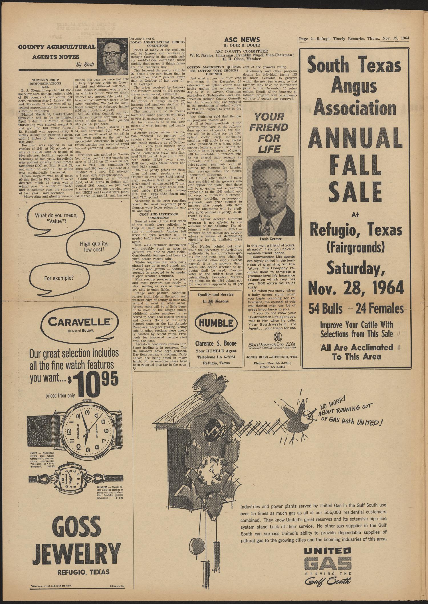 Refugio Timely Remarks (Refugio, Tex.), Vol. 37, No. 9, Ed. 1 Thursday, November 19, 1964
                                                
                                                    [Sequence #]: 2 of 8
                                                