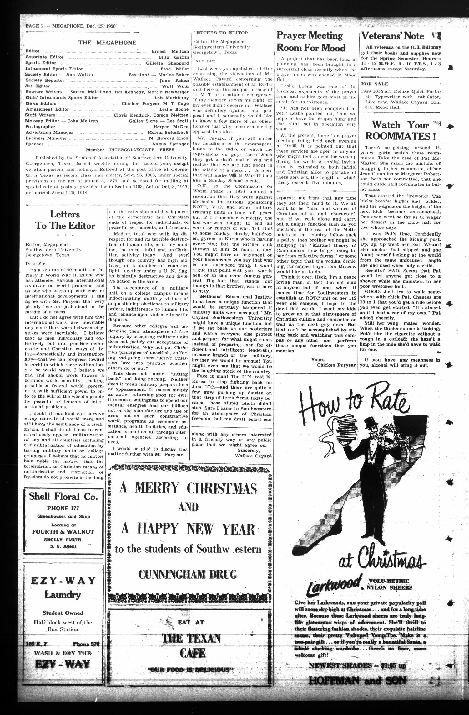 The Megaphone (Georgetown, Tex.), Vol. 43, No. 12, Ed. 1 Friday, December 15, 1950
                                                
                                                    [Sequence #]: 2 of 4
                                                