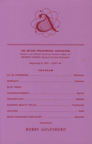 Primary view of object titled 'Abilene Philharmonic Playbill: September 9, 1972'.