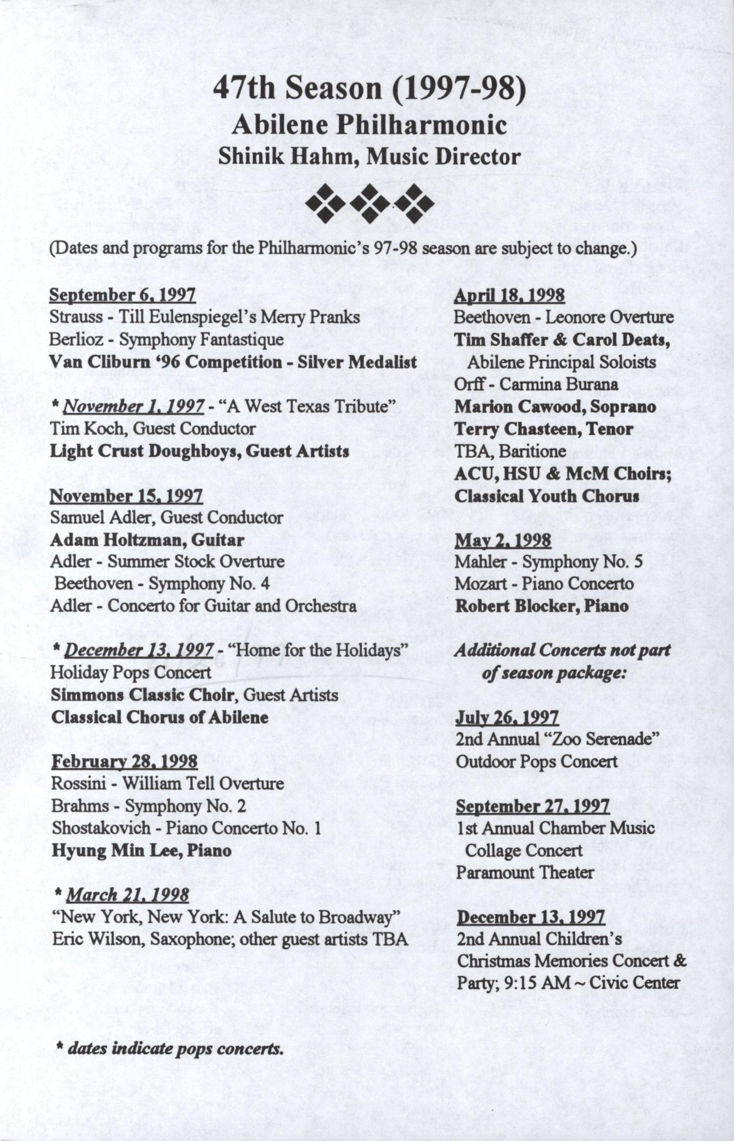 Abilene Philharmonic Playbill: April 12-April 26, 1997
                                                
                                                    None
                                                