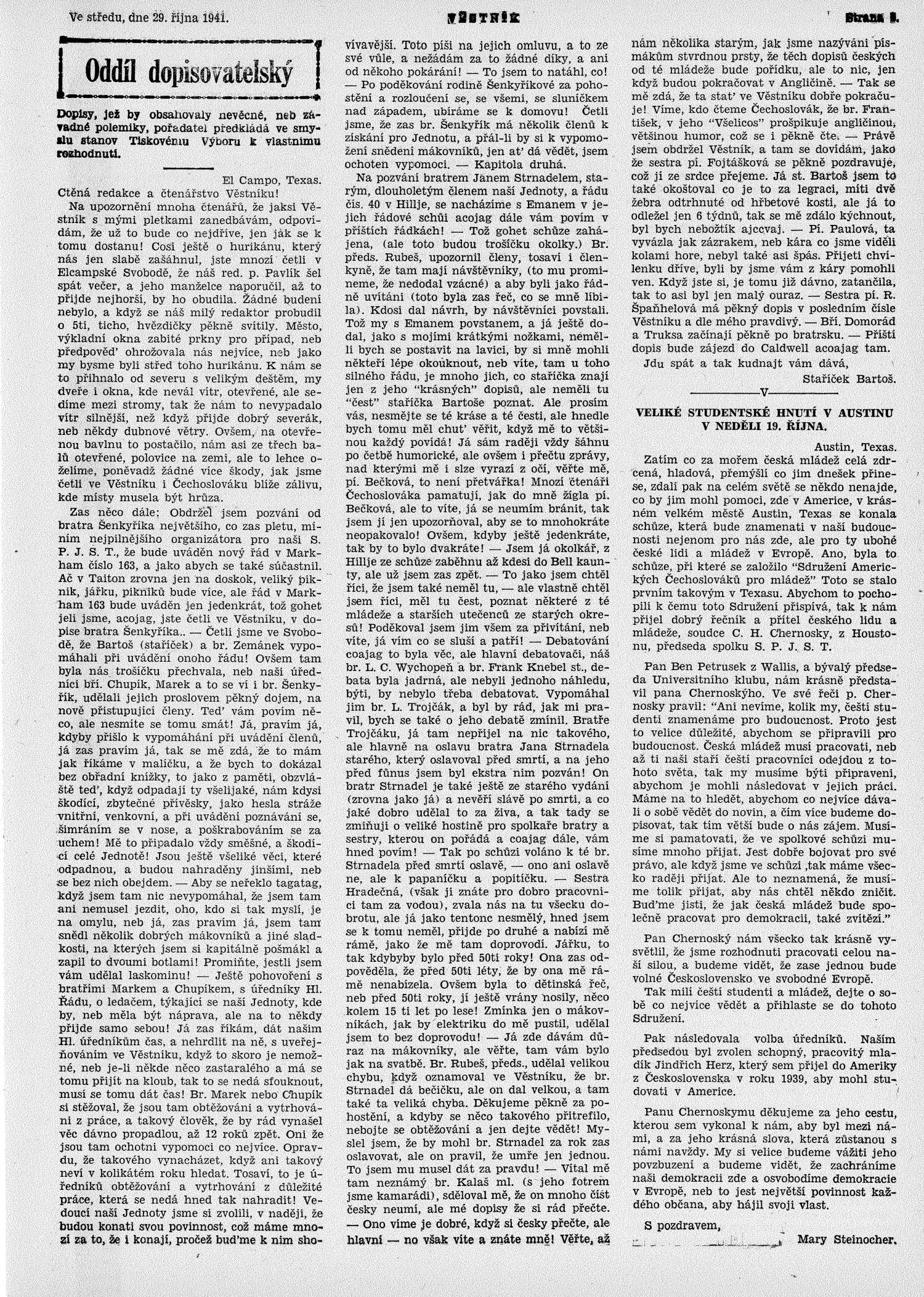 Věstník (West, Tex.), Vol. 29, No. 44, Ed. 1 Wednesday, October 29, 1941
                                                
                                                    [Sequence #]: 3 of 24
                                                