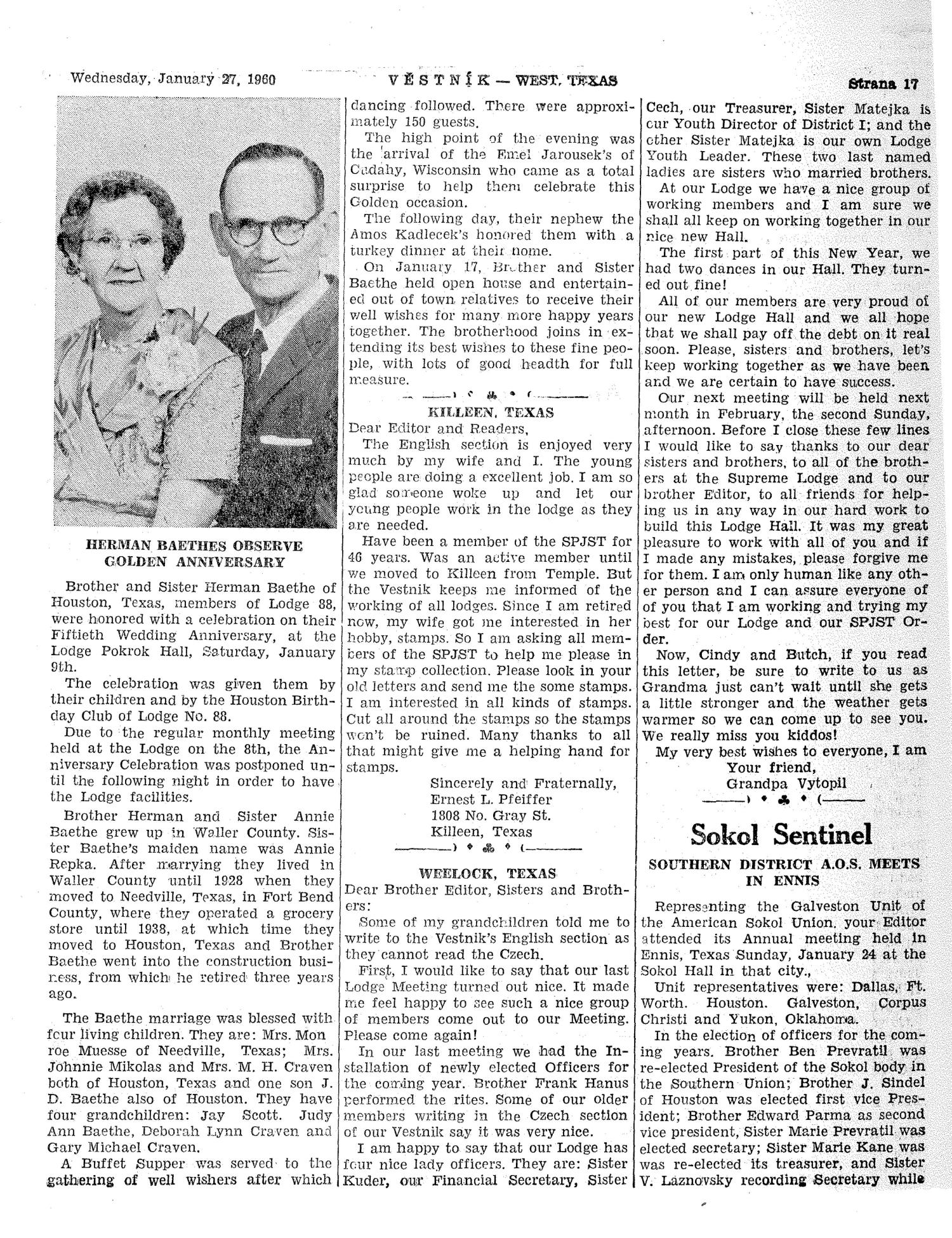Věstník (West, Tex.), Vol. 48, No. 4, Ed. 1 Wednesday, January 27, 1960
                                                
                                                    [Sequence #]: 17 of 32
                                                