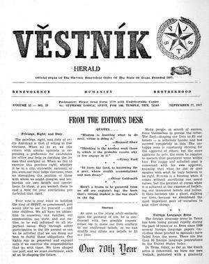 Primary view of object titled 'Věstník (West, Tex.), Vol. 55, No. 39, Ed. 1 Wednesday, September 27, 1967'.