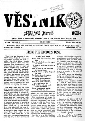 Primary view of object titled 'Věstník (West, Tex.), Vol. 62, No. 36, Ed. 1 Wednesday, September 11, 1974'.