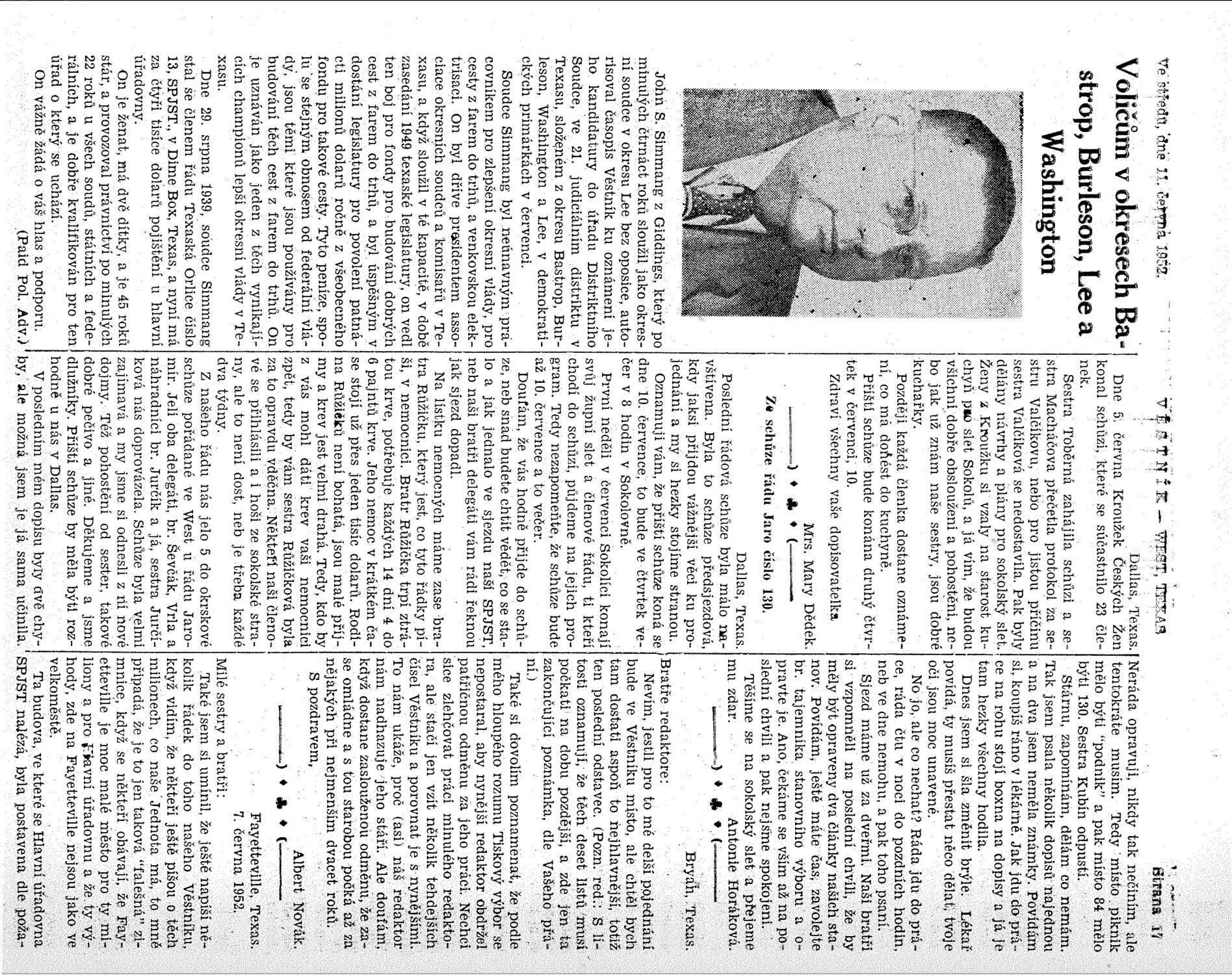 Věstník (West, Tex.), Vol. 40, No. 24, Ed. 1 Wednesday, June 11, 1952
                                                
                                                    [Sequence #]: 17 of 32
                                                