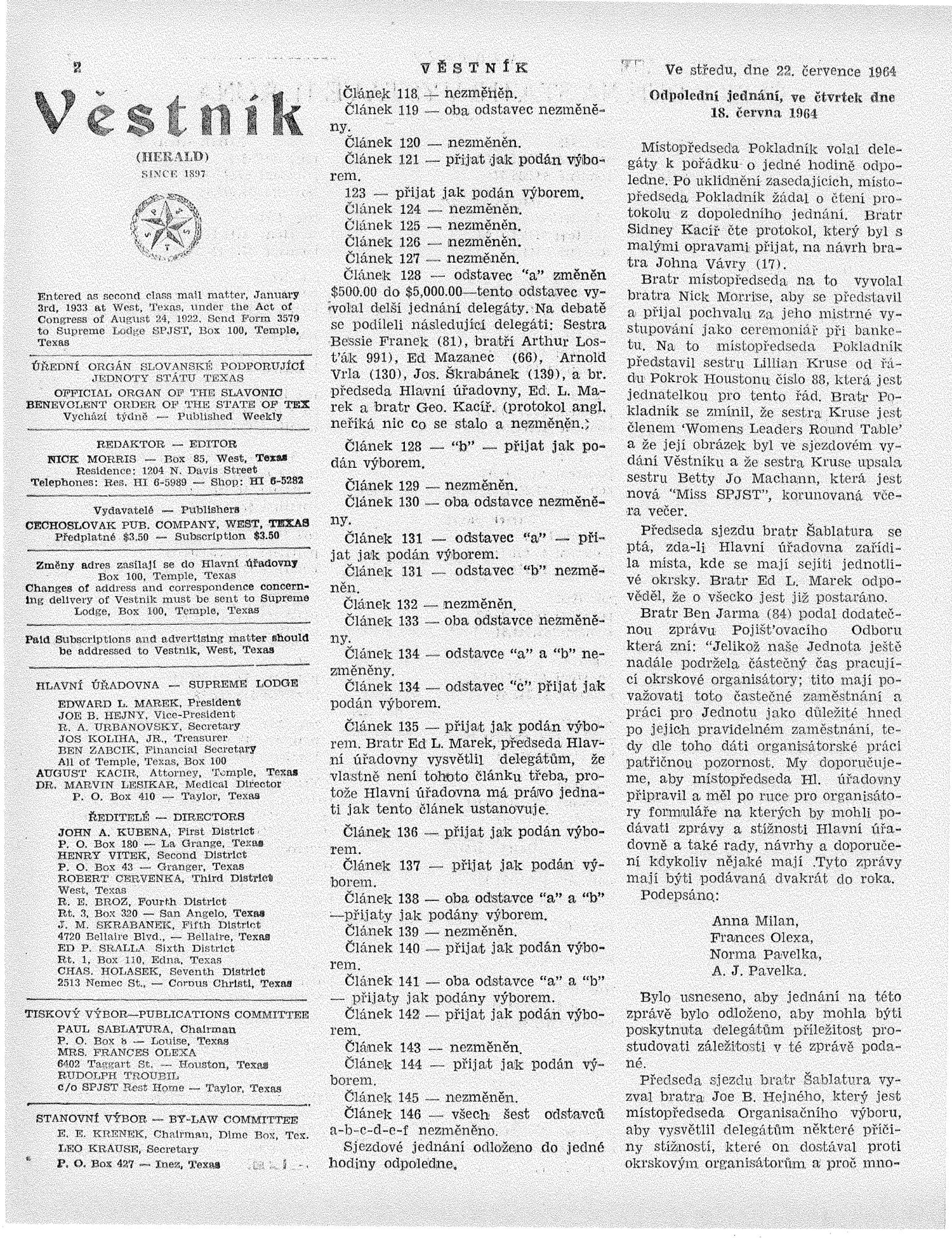 Věstník (West, Tex.), Vol. 52, No. 29, Ed. 1 Wednesday, July 22, 1964
                                                
                                                    [Sequence #]: 2 of 32
                                                