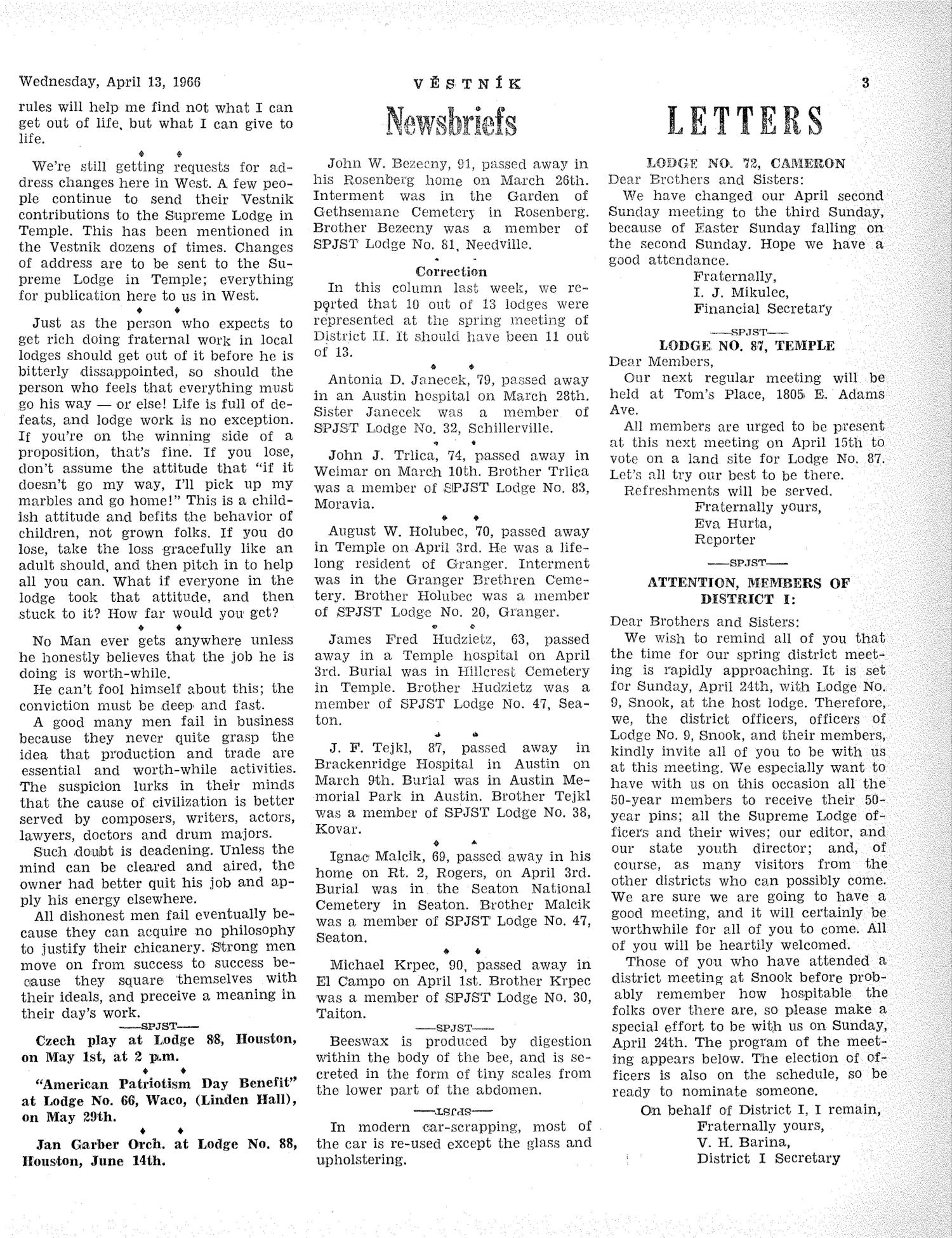 Věstník (West, Tex.), Vol. 54, No. 15, Ed. 1 Wednesday, April 13, 1966
                                                
                                                    [Sequence #]: 3 of 32
                                                
