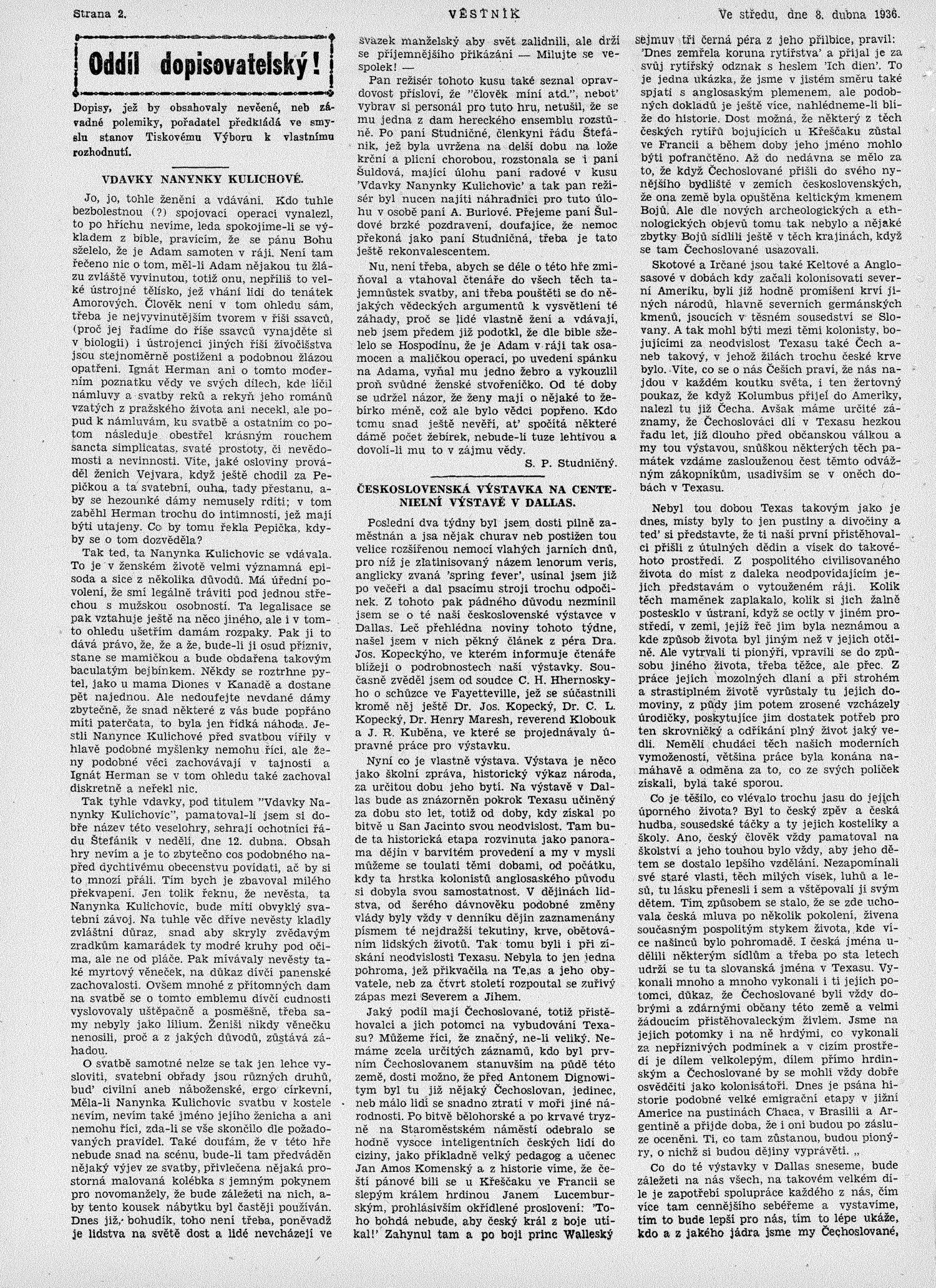 Věstník (West, Tex.), Vol. 24, No. 22, Ed. 1 Wednesday, April 8, 1936
                                                
                                                    [Sequence #]: 2 of 16
                                                