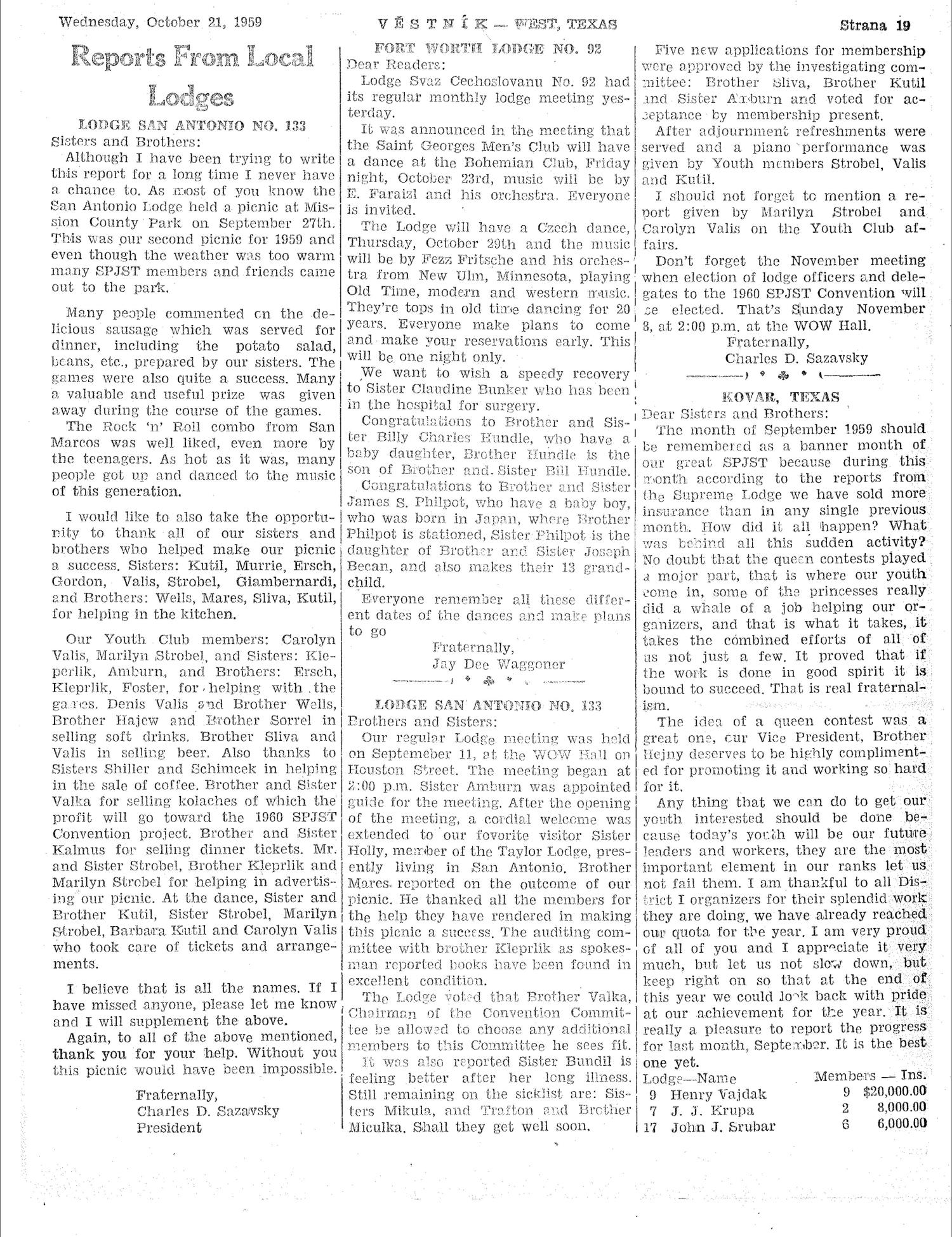 Věstník (West, Tex.), Vol. 47, No. 42, Ed. 1 Wednesday, October 21, 1959
                                                
                                                    [Sequence #]: 19 of 32
                                                