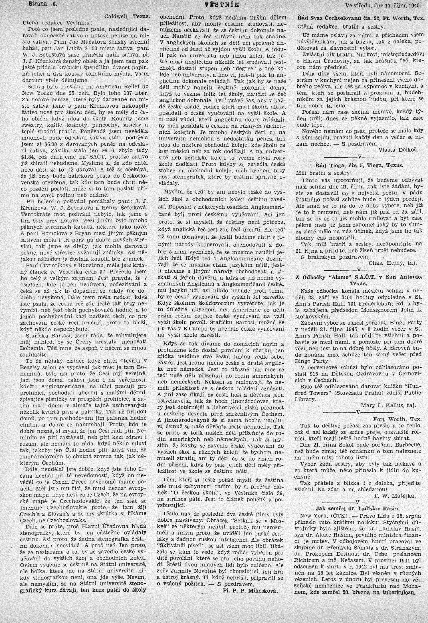 Věstník (West, Tex.), Vol. 33, No. 42, Ed. 1 Wednesday, October 17, 1945
                                                
                                                    [Sequence #]: 4 of 16
                                                