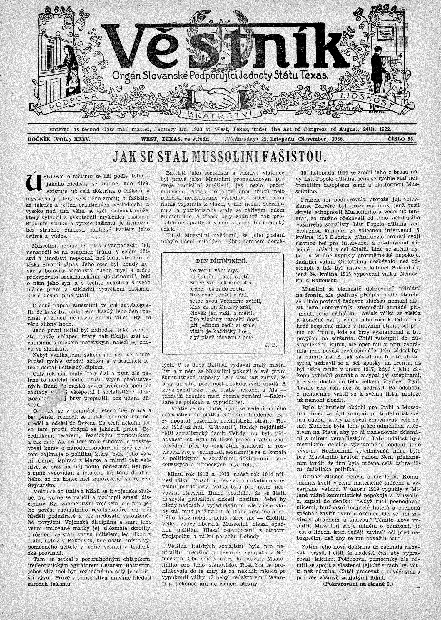 Věstník (West, Tex.), Vol. 24, No. 55, Ed. 1 Wednesday, November 25, 1936
                                                
                                                    [Sequence #]: 1 of 16
                                                
