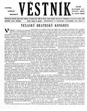 Primary view of object titled 'Věstník (West, Tex.), Vol. 39, No. 47, Ed. 1 Wednesday, November 21, 1951'.