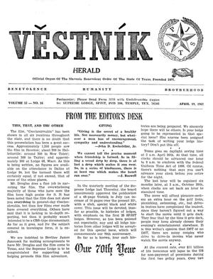 Primary view of object titled 'Věstník (West, Tex.), Vol. 55, No. 16, Ed. 1 Wednesday, April 19, 1967'.