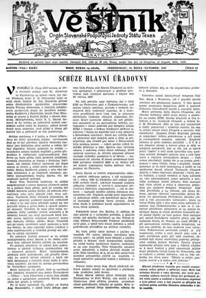 Věstník (West, Tex.), Vol. 35, No. 43, Ed. 1 Wednesday, October 22, 1947