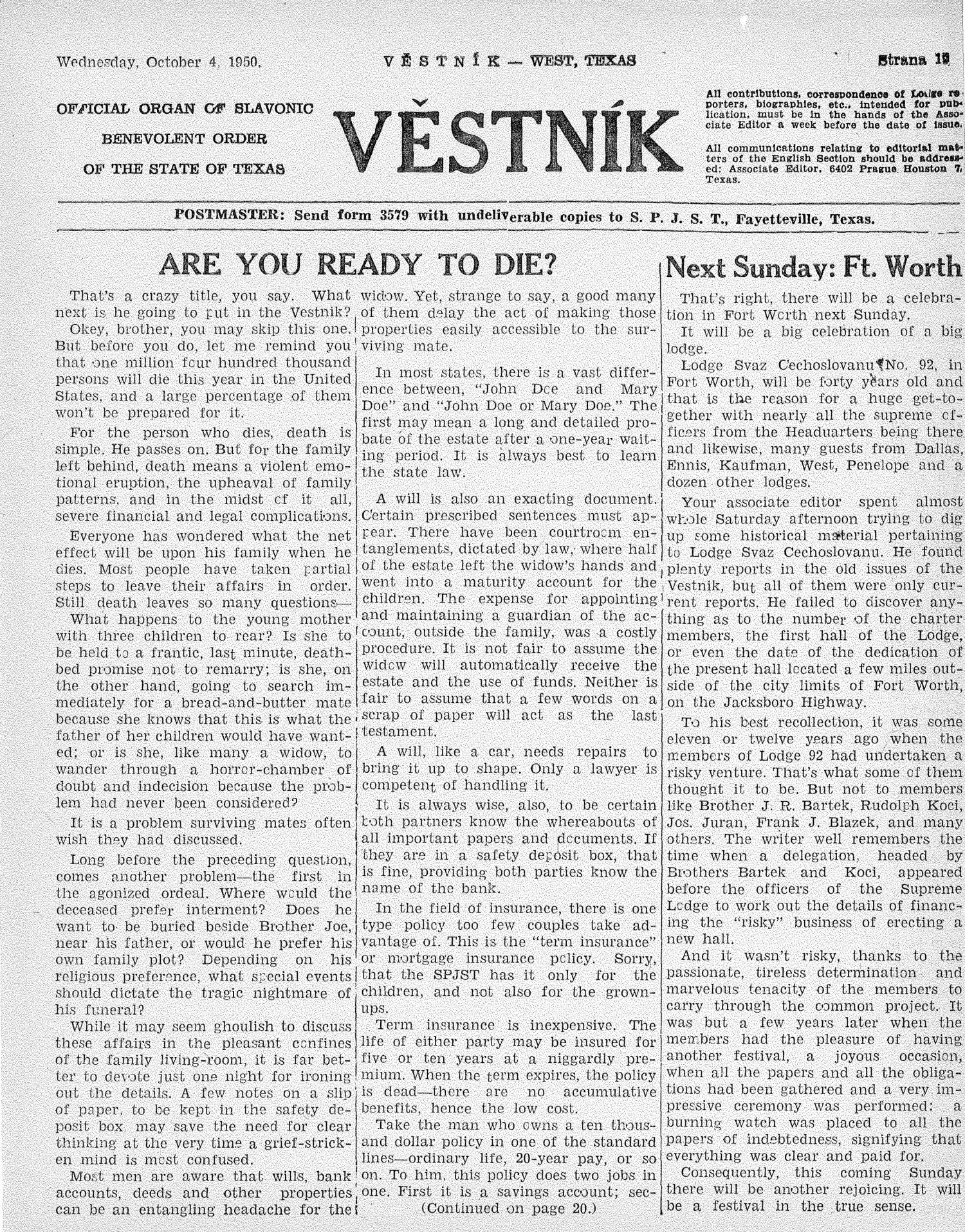 Věstník (West, Tex.), Vol. 38, No. 40, Ed. 1 Wednesday, October 4, 1950
                                                
                                                    [Sequence #]: 19 of 32
                                                