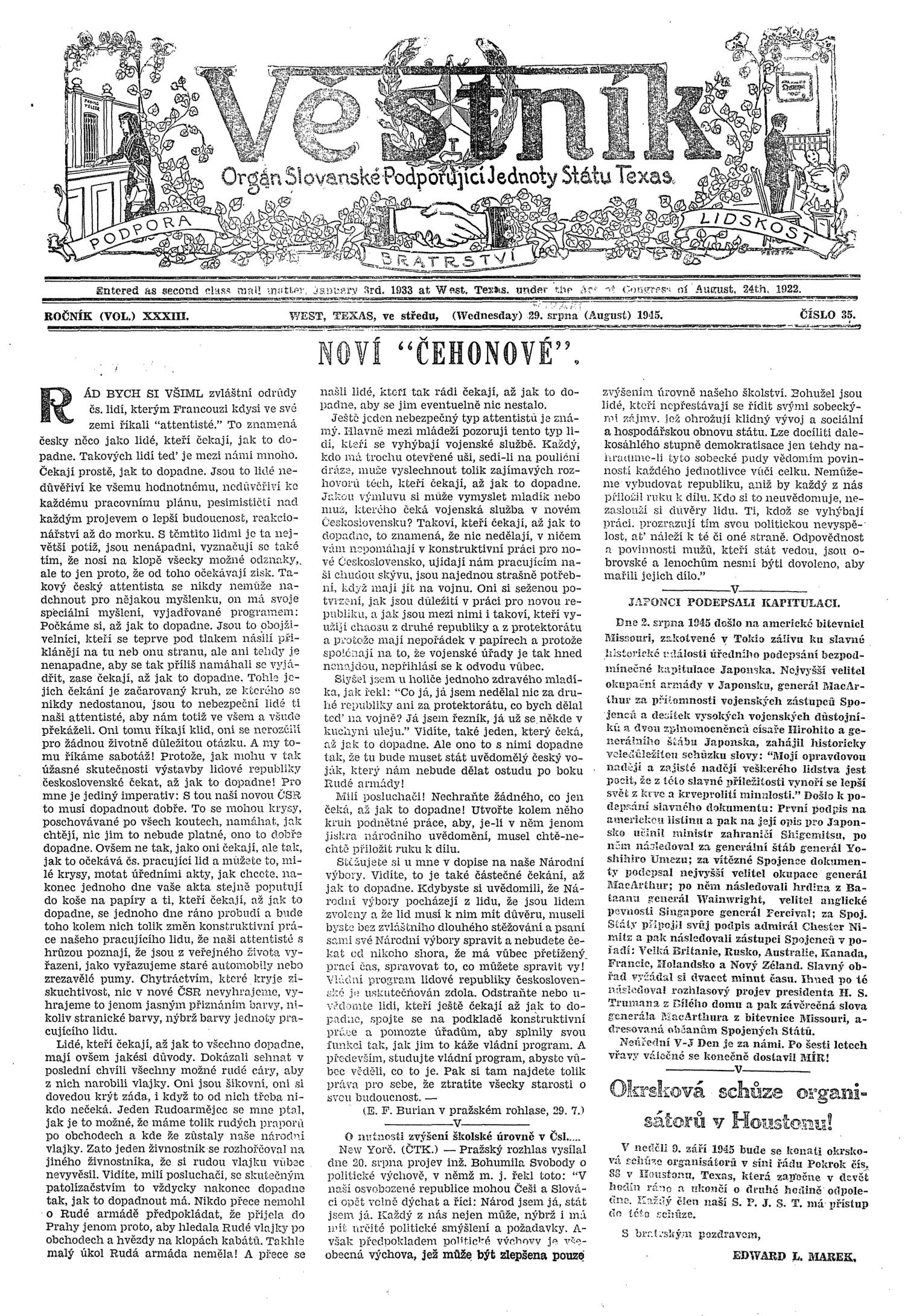Věstník (West, Tex.), Vol. 33, No. 35, Ed. 1 Wednesday, September 5, 1945
                                                
                                                    [Sequence #]: 1 of 16
                                                