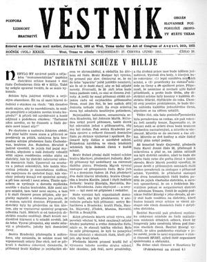 Primary view of object titled 'Věstník (West, Tex.), Vol. 39, No. 26, Ed. 1 Wednesday, June 27, 1951'.