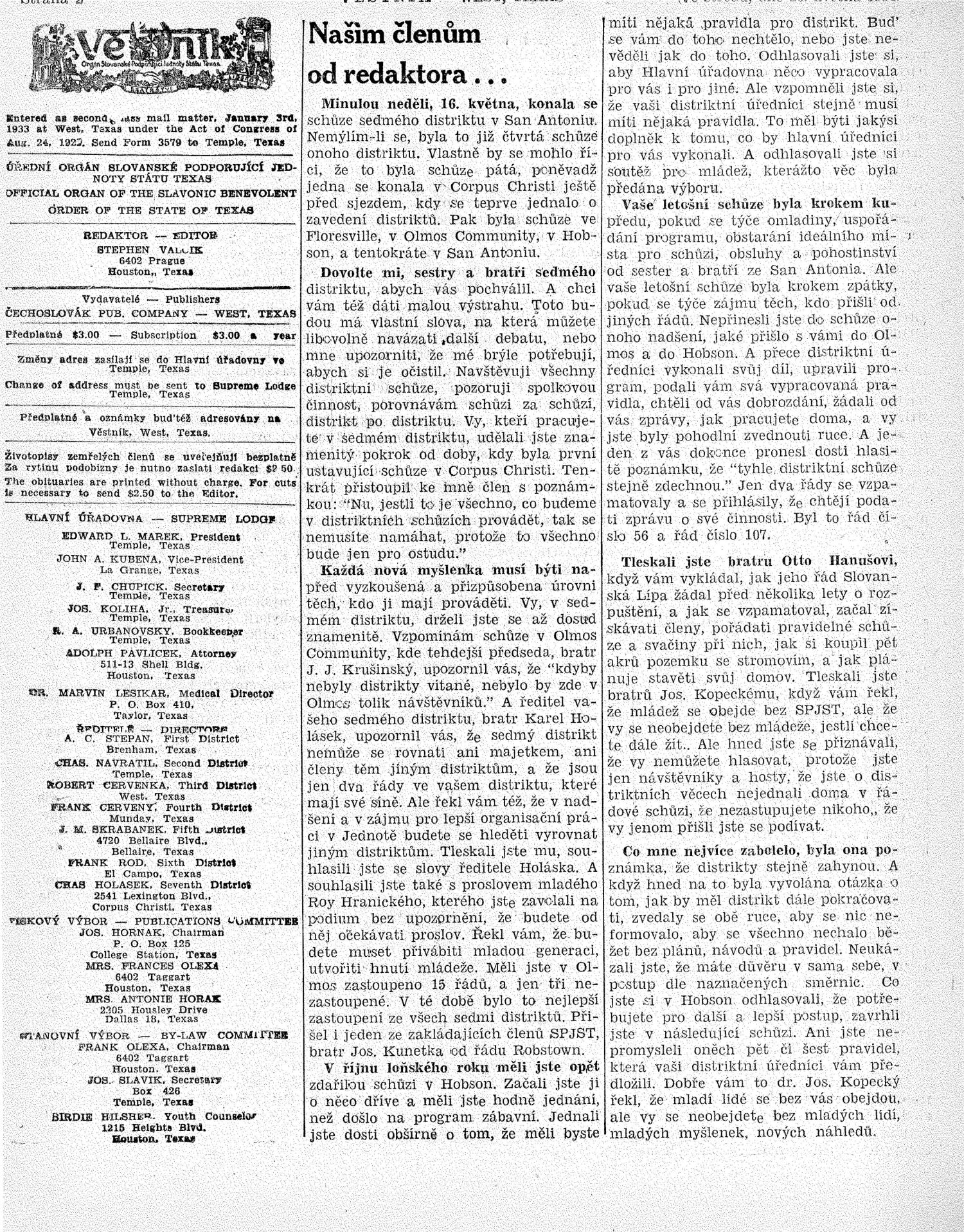Věstník (West, Tex.), Vol. 42, No. 21, Ed. 1 Wednesday, May 26, 1954
                                                
                                                    [Sequence #]: 2 of 32
                                                