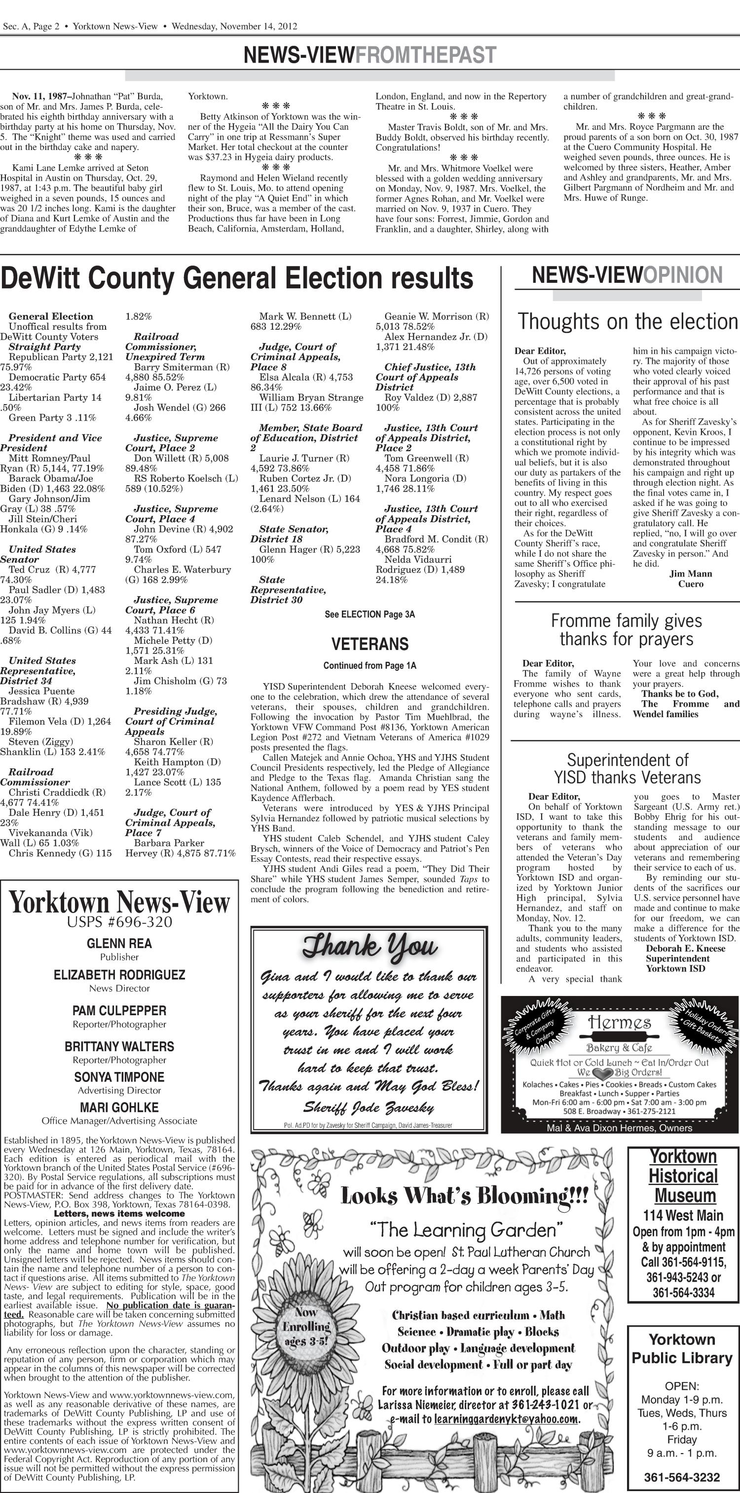 Yorktown News-View (Yorktown, Tex.), Vol. 121, No. 17, Ed. 1 Wednesday, November 14, 2012
                                                
                                                    [Sequence #]: 2 of 18
                                                