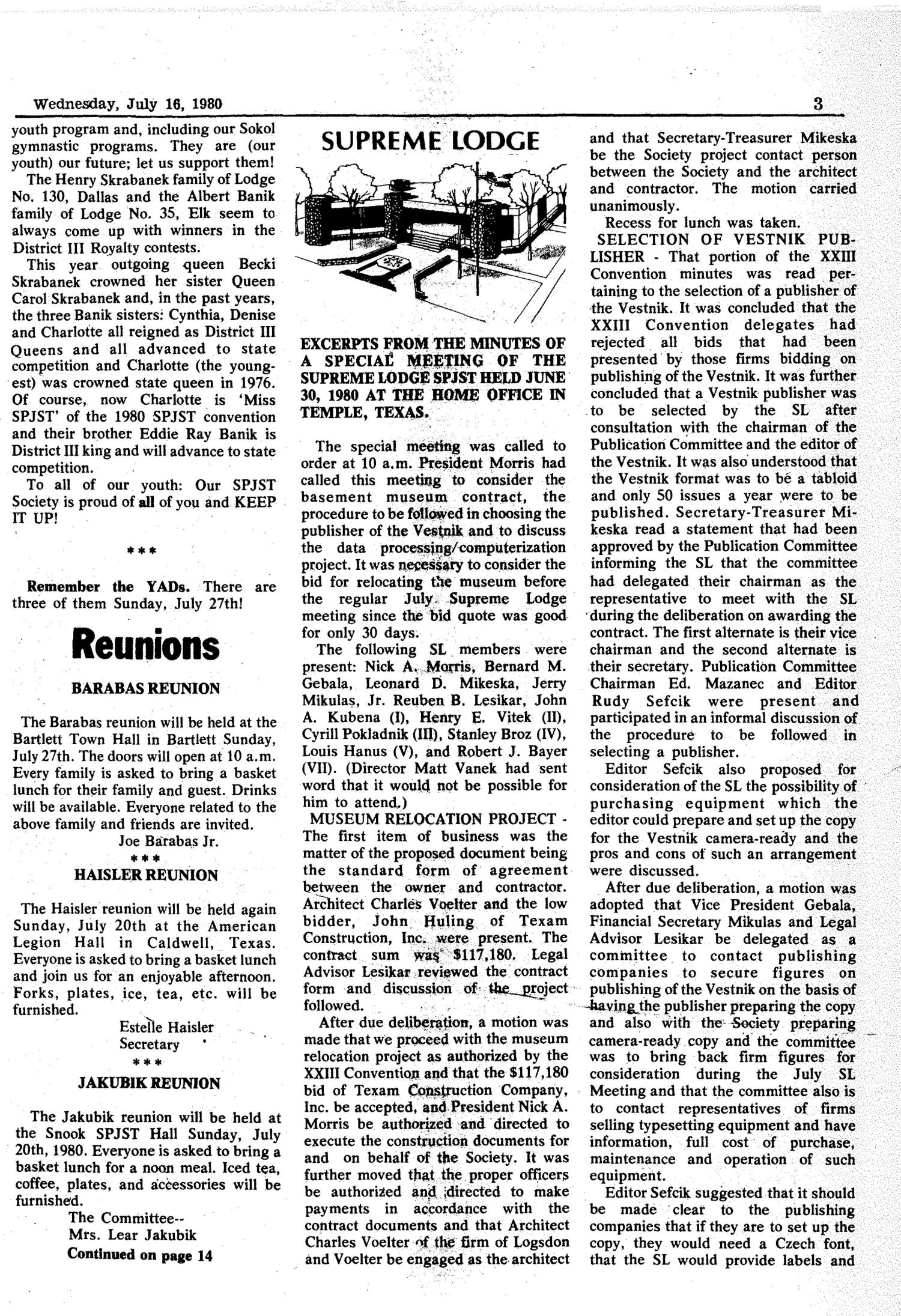 Věstník (West, Tex.), Vol. 68, No. 29, Ed. 1 Wednesday, July 16, 1980
                                                
                                                    [Sequence #]: 3 of 32
                                                